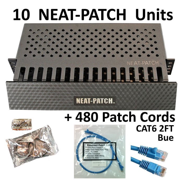 Neat Patch Cable Manager (10 Units) w/ 240 CAT6 Patch Cables (2FT Green) N35