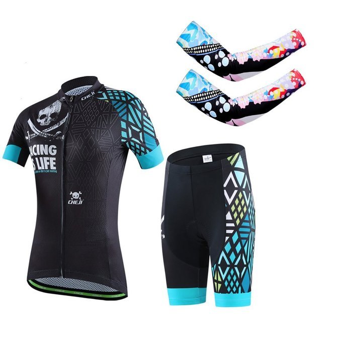 Ophelia Women Short Sleeve Cycling Jersey Pant Set+arm Sleeves(Skull,S) N96
