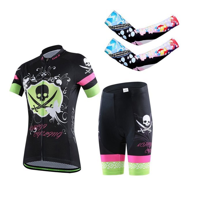 Ophelia Women Short Sleeve Cycling Jersey Pant Set+arm Sleeves(Skull,S) N103