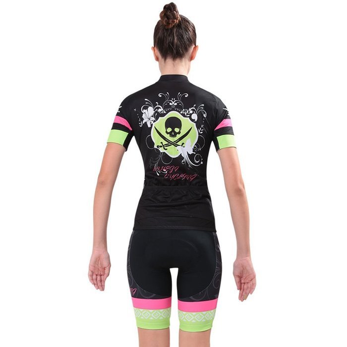 Ophelia Women Short Sleeve Cycling Jersey Pant Set+arm Sleeves(Skull,S) N104