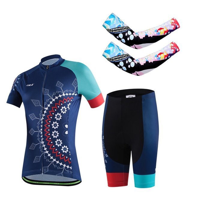 Ophelia Women Short Sleeve Cycling Jersey Pant Set+arm Sleeves(Skull,S) N107