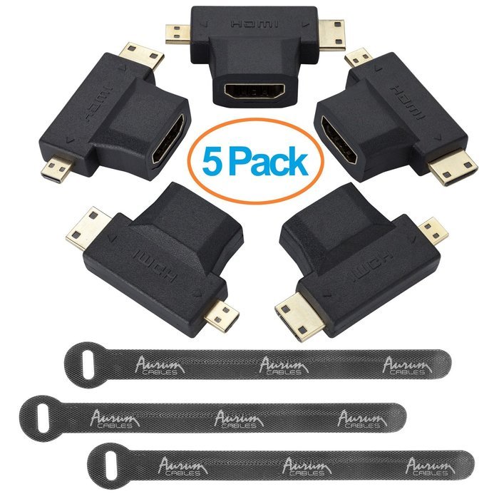 Aurum Cables Right Angle L Shape HDMI Male to HDMI Female Adapters - Black - Pack of 5 + 3 Cable Ties N28