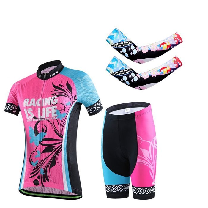 Ophelia Women Short Sleeve Cycling Jersey Pant Set+arm Sleeves(Skull,S) N112
