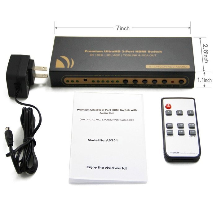 3x1 HDMI Switch with Optical SPDIF & RCA L/R Audio Out, 3 Port HDMI Audio Extractor Splitter with Remote, Supports... N5