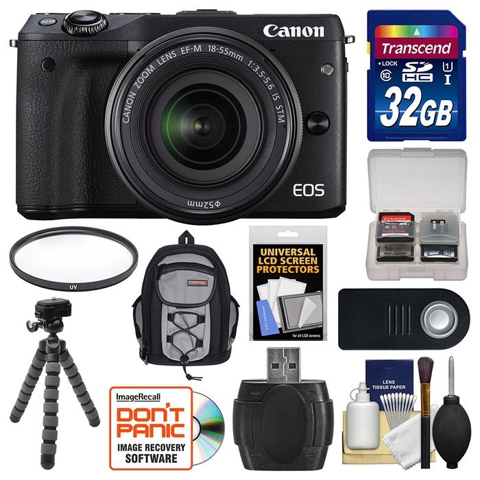 Canon EOS M3 Wi-Fi Digital ILC Camera & EF-M 18-55mm IS STM Lens (Black) with 32GB Card + Case + Flex Tripod +...
