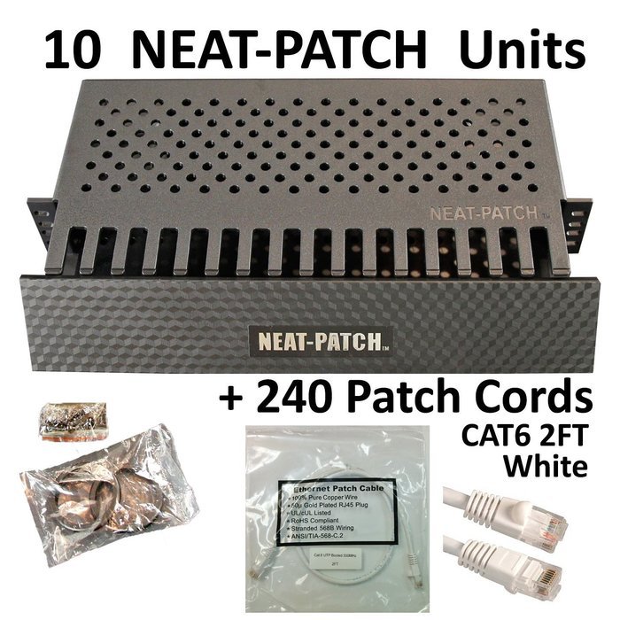 Neat Patch Cable Manager (10 Units) w/ 240 CAT6 Patch Cables (2FT Green) N46