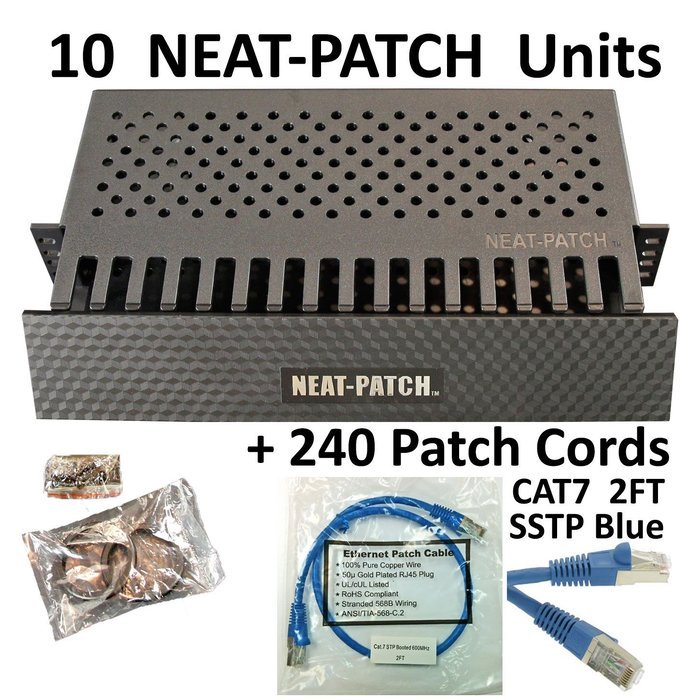 Neat Patch Cable Manager (10 Units) w/ 240 CAT6 Patch Cables (2FT Green) N48