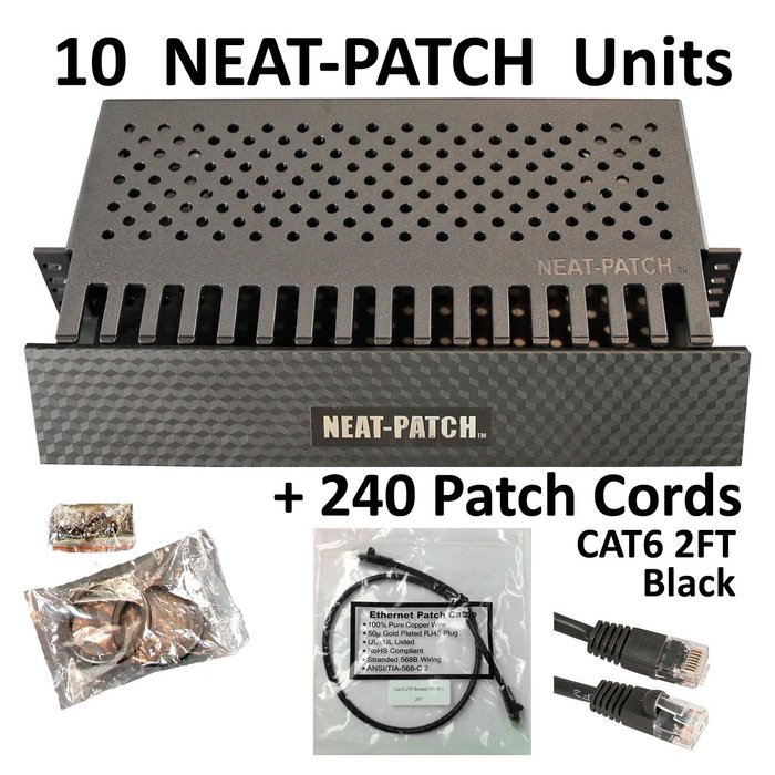 Neat Patch Cable Manager (10 Units) w/ 240 CAT6 Patch Cables (2FT Green) N58