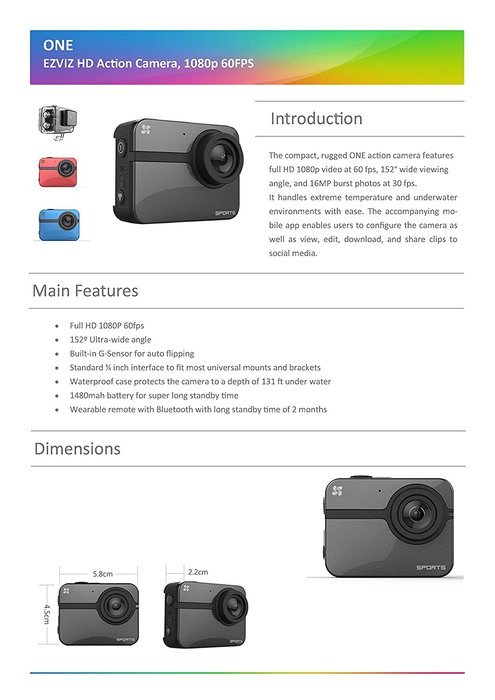 EZVIZ One Action Camera HD 1080P 60FPS WiFi Enabled (Grey) N3