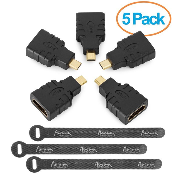 Aurum Cables Right Angle L Shape HDMI Male to HDMI Female Adapters - Black - Pack of 5 + 3 Cable Ties N42