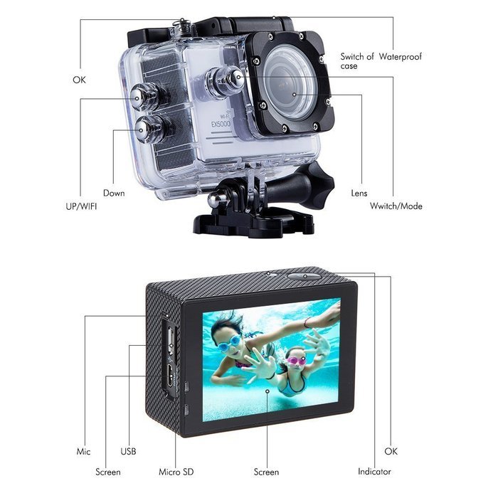 Mira-Tech Original EX5000 WIFI 2.0inch 14MP FHD Sports Action Camera waterproof with 2 Improved Batteries and... N9