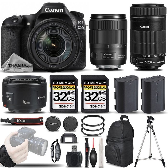 Canon EOS 80D Wi-Fi Full HD 1080P Digital SLR Camera + Canon 18-135mm IS USM Lens + Canon 55-250mm IS STM Lens...
