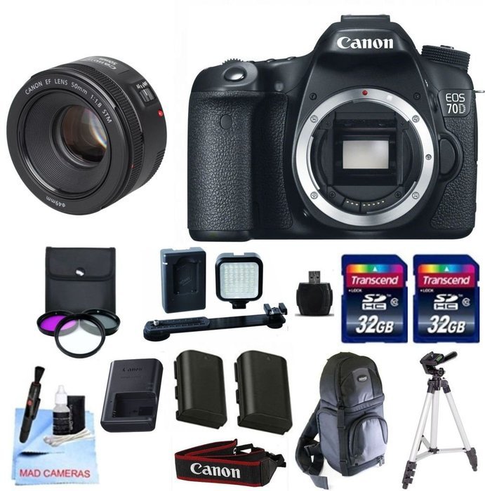 Canon 70D + Canon 50mm 1.8 STM Fixed Zoom Lens + 2 32GB Transcend SD Memory Cards + LED Video Light + Spare LP...