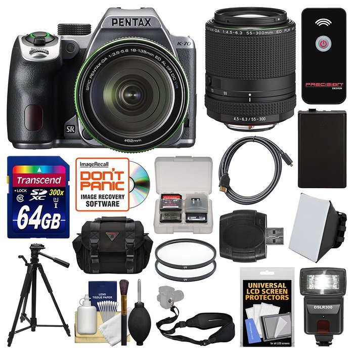 Pentax K-70 All Weather Wi-Fi Digital Camera & 18-135mm WR Lens (Silver) with 55-300mm Lens + 64GB Card + Case... N2