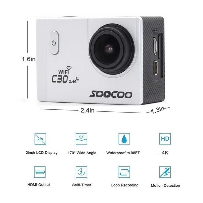 Sports Camera, SOOCOO 4K Action Camera 20MP 2.0 Inch Waterproof Diving Camera Wrist 2.4G Wireless RF Remote Control... N3