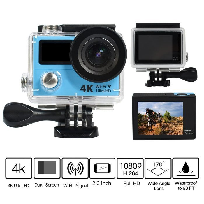 Action Camera H3 Ultra 4K HD 2.0" Dual Screen Waterproof 170D Lens go - pro Style Wifi Sport Cam(Blue) N2