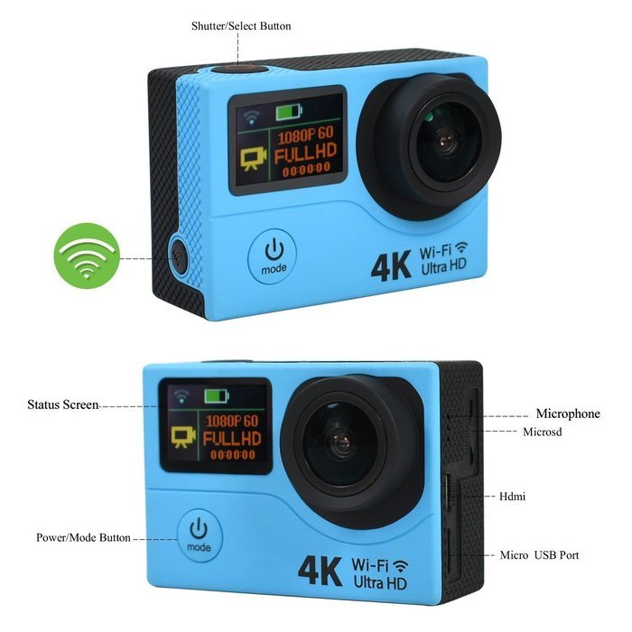 Action Camera H3 Ultra 4K HD 2.0" Dual Screen Waterproof 170D Lens go - pro Style Wifi Sport Cam(Blue) N3
