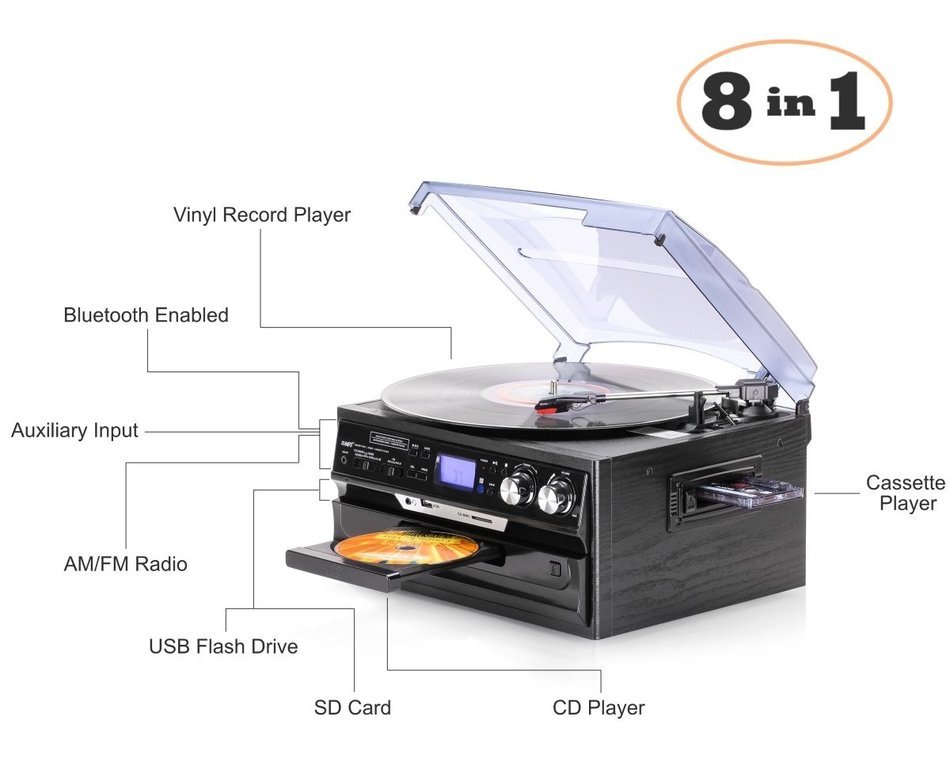 Bluetooth Record Player with Detachable Speakers &ndash; Relive Your Sweet Memories &ndash; 8 in 1 Player (Record Player,... N7