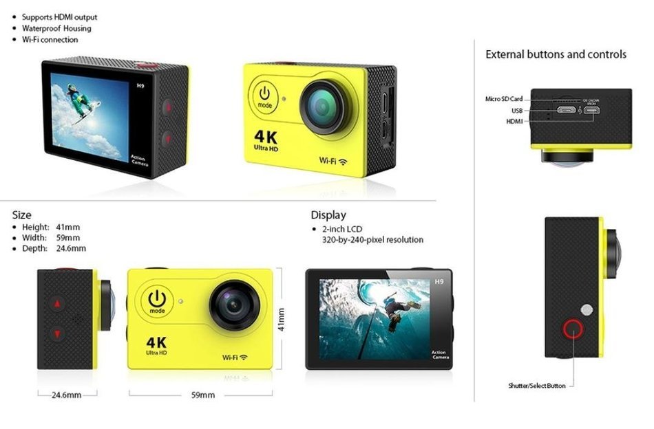 Sport Camera, TONSEE Waterproof H9 Ultra HD 4K WiFi 2.0 Inch Sport Camera Video Camcorder - Yellow N6