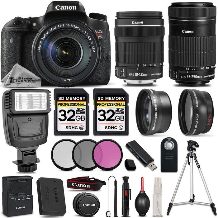 Canon EOS T6s DSLR Camera + Canon EF-S 18-135mm IS STM Lens + Canon EF-S 55-250mm IS STM Lens + 0.43X Wide Angle...