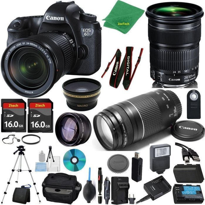 Canon EOS 6D Camera + 24-105mm STM + 75-300mm III + 2pcs 16GB Memory + Case + Reader + Tripod + Starter Set +...