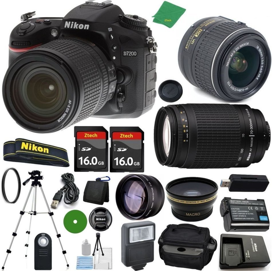 Nikon D7200 - International Version (No Warranty), 18-55mm f/3.5-5.6 DX VR, Nikon 70-300mm f/4-5.6G, 2pcs 16GB...