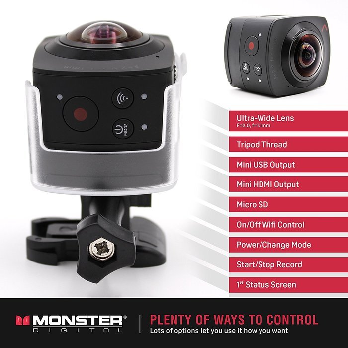Monster Vision 360 Camera 1080p 60 fps Action Camera, 16GB MicroSD included, Ultra Wide Angle, WiFi Enabled [CAMVI... N30