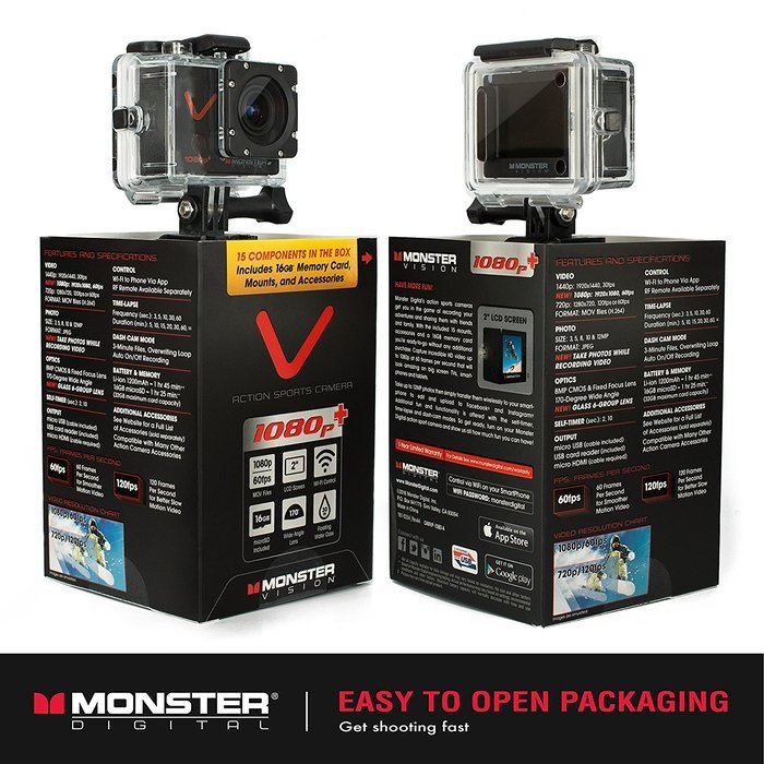 Monster Vision 360 Camera 1080p 60 fps Action Camera, 16GB MicroSD included, Ultra Wide Angle, WiFi Enabled [CAMVI... N33