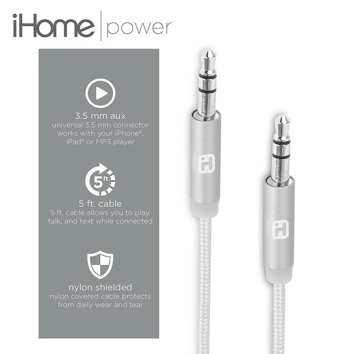 iHome - 5' Aluminum Braided Audio Aux Cable &ndash; 3.5mm 1/8&rdquo; Male to Male for Home & Car &ndash; iPhone, Android, Computer... N6