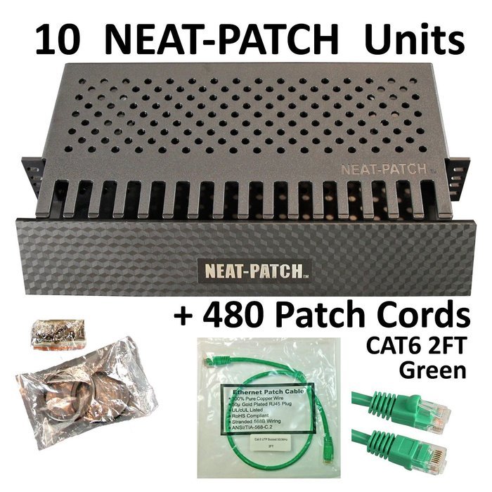 Neat Patch Cable Manager (10 Units) w/ 240 CAT6 Patch Cables (2FT Green) N60