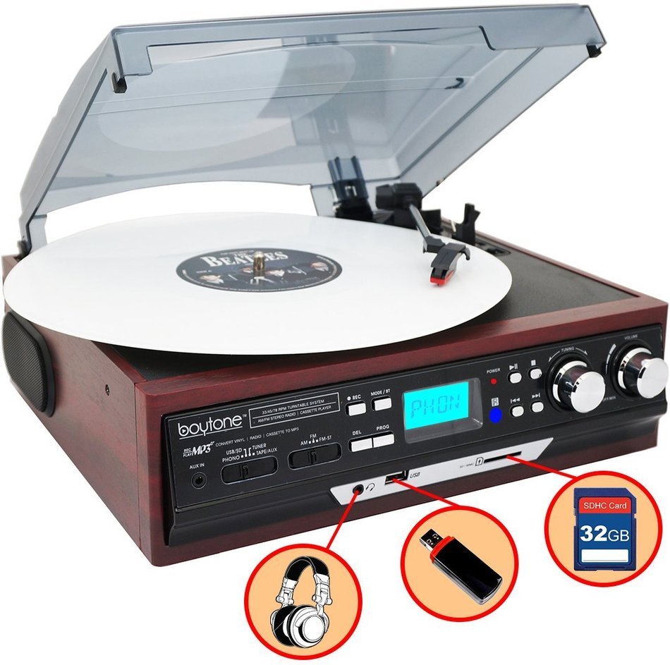 Boytone BT-17DJM-C 3-Speed Stereo Turntable, 2 Built in Speakers Digital LCD Display AM/FM, USB/SD/AUX+ Cassette... N6