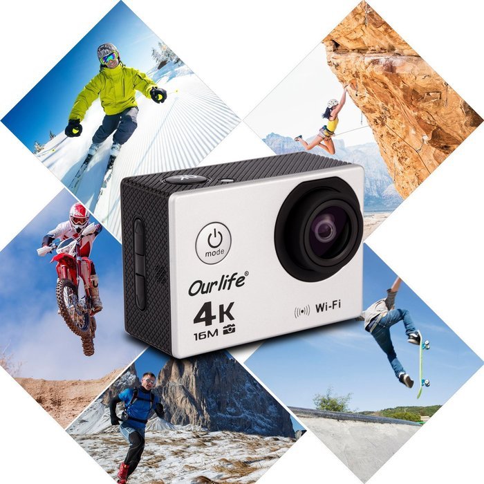 Ourlife 4K WIFI Sports Action Camera Ultra HD 170&deg; HD Wide-angle Fish-eye Lens 2 inch LCD Screen (Camera-silver) N3