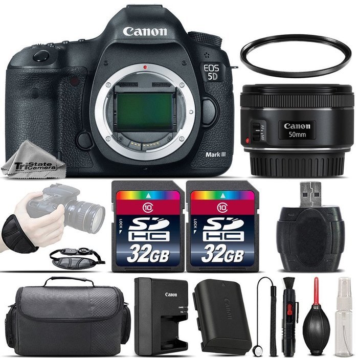 Canon EOS 5D Mark III DSLR Full Frame 22.3MP Camera + EF 50mm f/ 1.8 STM Lens + 64GB Storage + Wrist Grip Strap... N2
