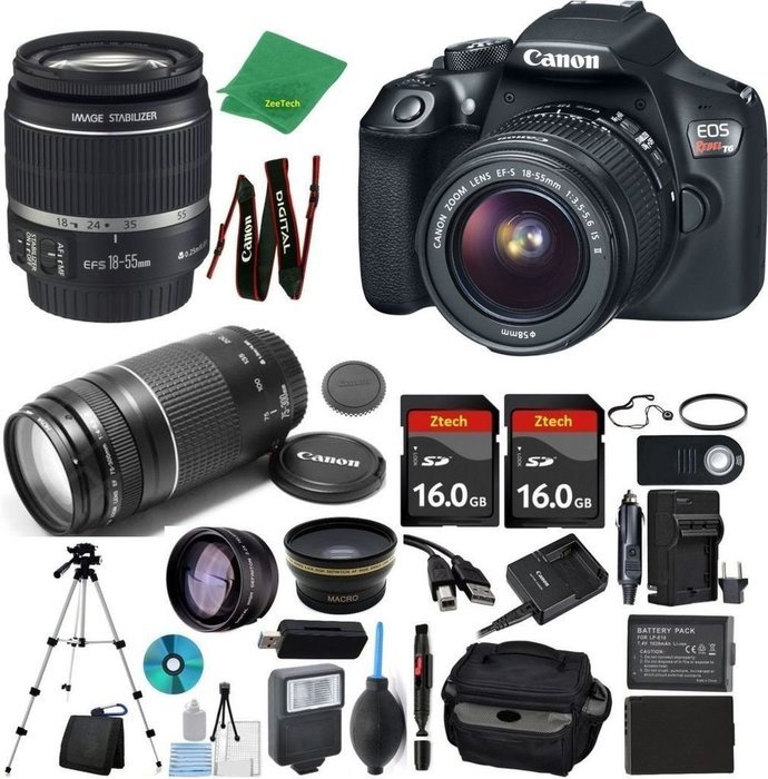 Canon Rebel T6 Camera + 18-55mm IS + 75-300mm III + 2pcs 16GB Memory + Case + Memory Reader + Tripod + Starter...