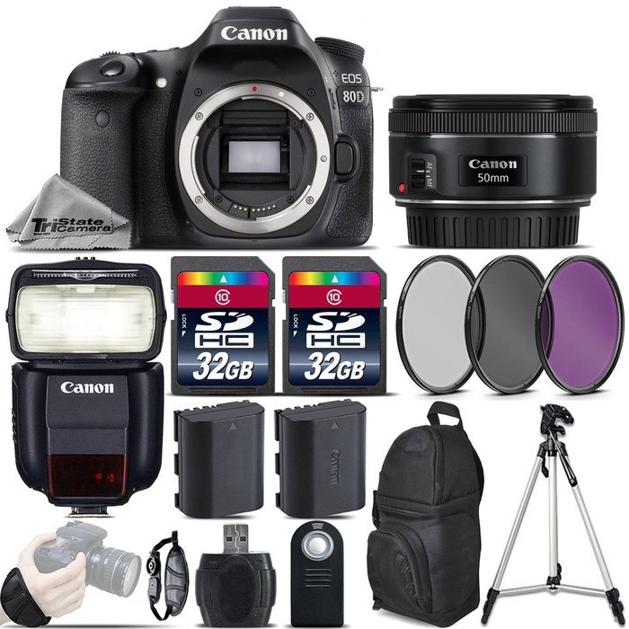 Canon EOS 80D DSLR Camera + 50mm 1.8 STM Lens + Canon Speedlite 430EX III-RT + 64GB Storage + Backup Battery +...