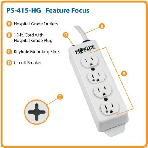 Tripp Lite 4 Outlet Medical-Grade Power Strip, UL1363 NOT for Patient-Care Vicinity, 15ft Cord w/ 5-15P-HG Plug... N8