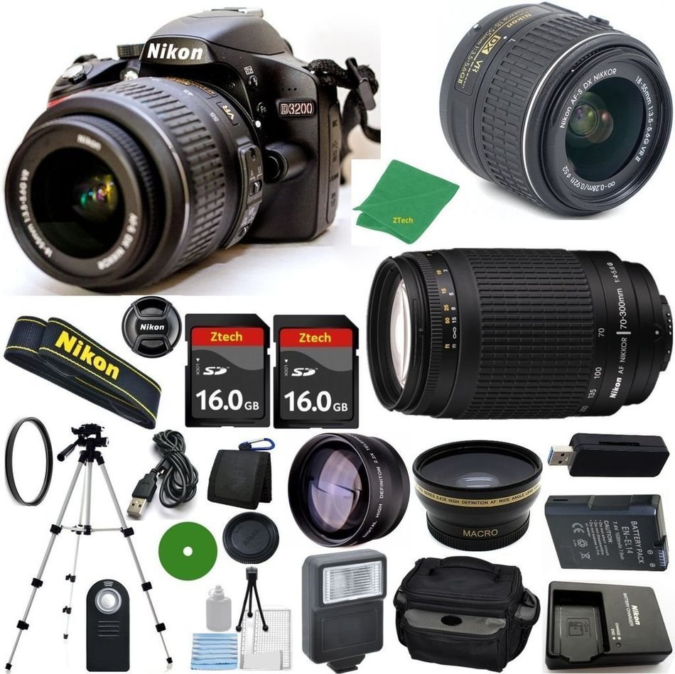 Nikon D3200 - International Version (No Warranty), 18-55mm f/3.5-5.6 DX VR, Nikon 70-300mm f/4-5.6G, 2pcs 16GB... N2
