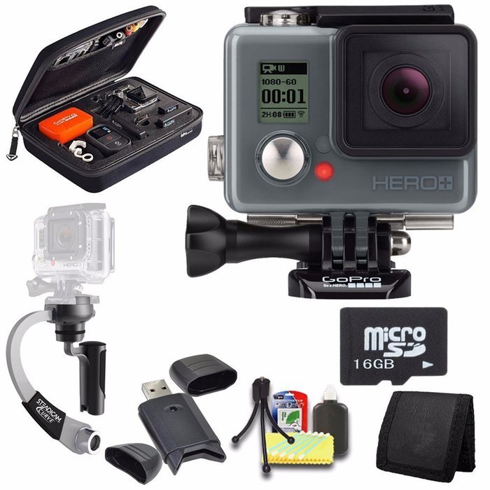 GoPro HERO+ LCD + Steadicam Curve for GoPro HERO Action Cameras (Silver) + 16GB microSD Memory Card + Case for...