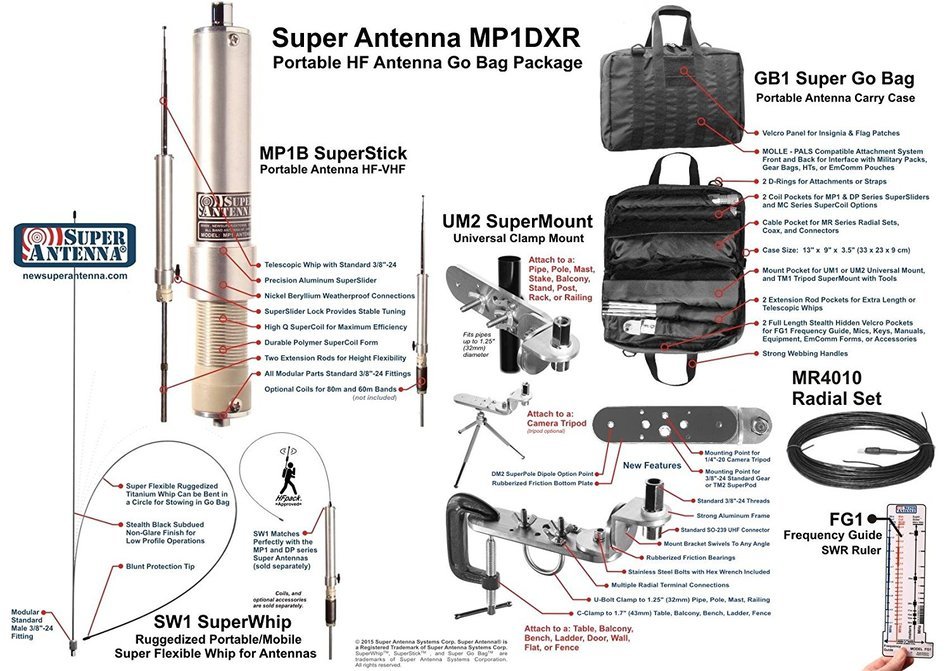 Super Antenna MP1DXR HF Portable SuperWhip All Band MP1 Antenna with Clamp Mount and Go Bag ham radio amateur N4
