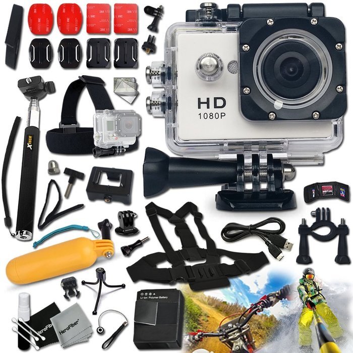 Xtech&reg; KoolCam AC200 HD 1080p Waterproof Action Camera / Camcorder captures Videos at 1080 pixels 30 frames per...