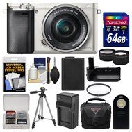 Sony Alpha A6000 Wi-Fi Digital Camera &amp; 16-50mm Lens (Silver) with 64GB Card + Case + Battery &amp; Charger + Grip...