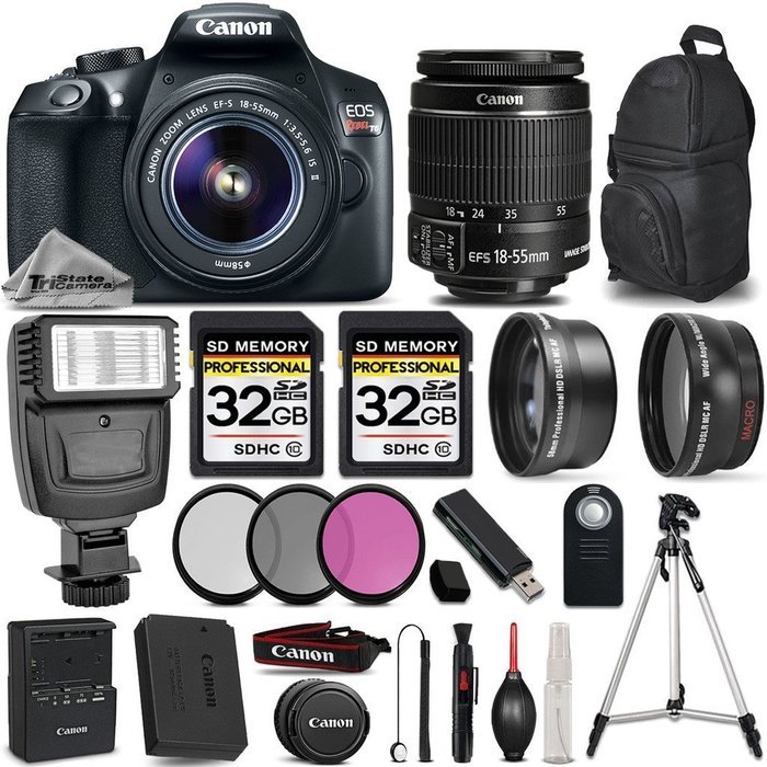 Canon EOS REBEL T6 DSLR Camera + Canon EF-S 18-55mm f/3.5-5.6 IS II Lens + Digital Camera Flash + 0.43X Wide Angle...