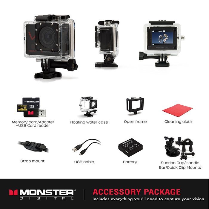 Monster Vision 360 Camera 1080p 60 fps Action Camera, 16GB MicroSD included, Ultra Wide Angle, WiFi Enabled [CAMVI... N37