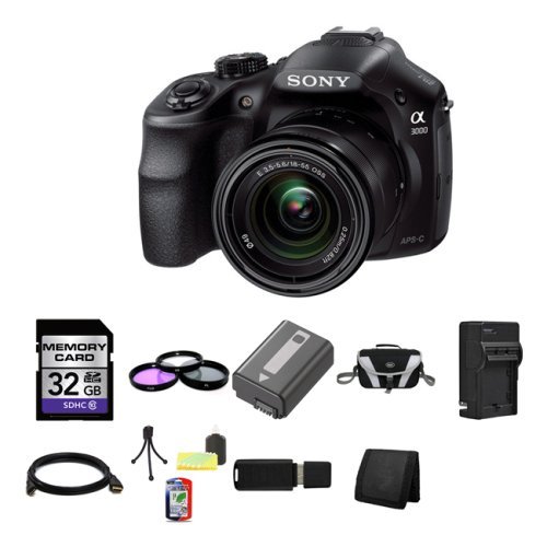 Sony A3000, ILCE-3000K, ILCE-3000KB, 20. 1MP Interchangeable Lens Camera with 18-55mm Zoom Lens (Black) 32GB Package 3
