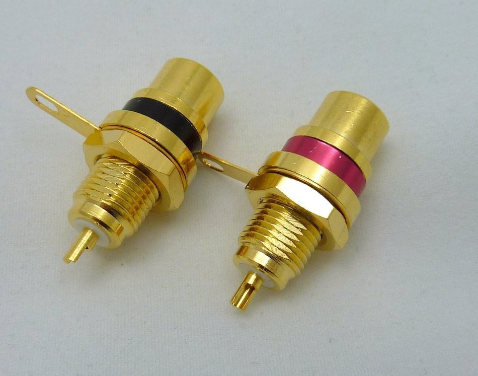 2 Philmore Gold-Plated RCA Panel Mount Jacks with Teflon Insulator, Red & Black N3