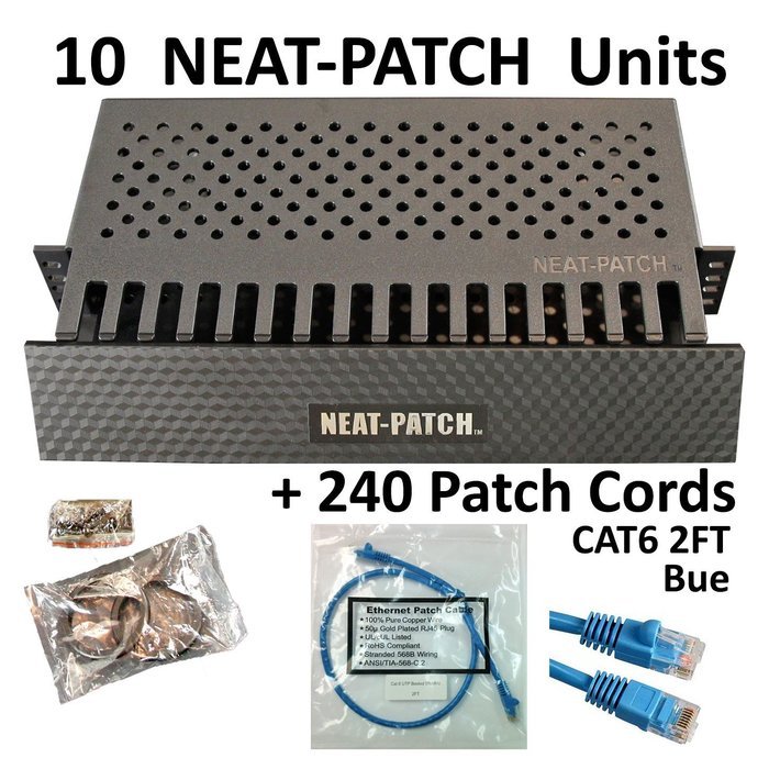 Neat Patch Cable Manager (10 Units) w/ 240 CAT6 Patch Cables (2FT Green) N83