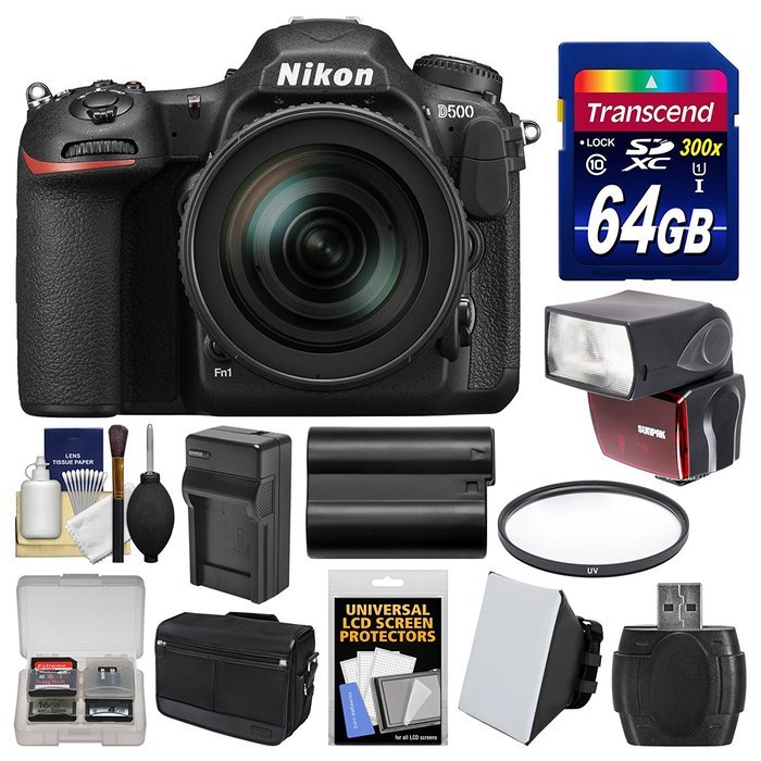 Nikon D500 Wi-Fi 4K Digital SLR Camera & 16-80mm VR Lens with 64GB Card + Case + Flash + Battery & Charger + Filter...