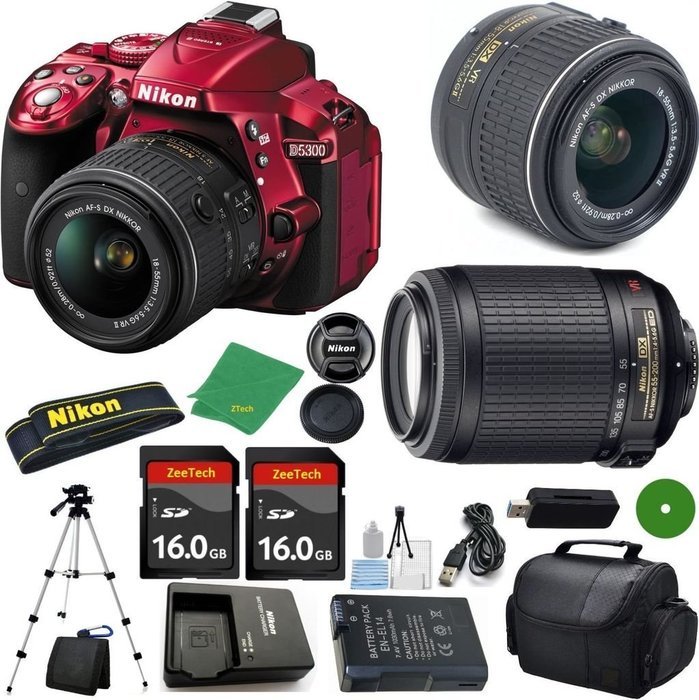 Nikon D5300 Red - International; Version (No Warranty), 18-55mm f/3.5-5.6 DX VR, Nikon 55-200mm f4-5.6G VR, 2pcs...