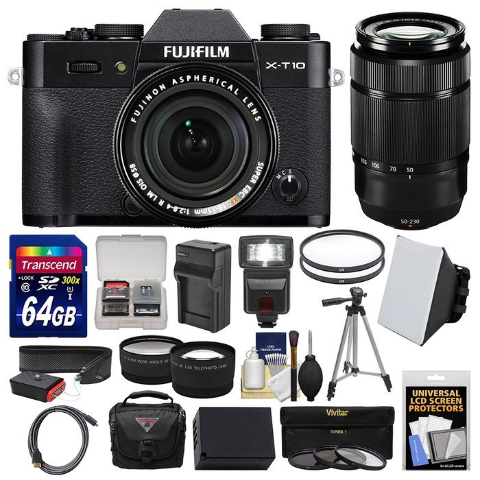 Fujifilm X-T10 Digital Camera & 18-55mm XF (Black) & 50-230mm II Lens + 64GB Card + Case + Flash + Battery & Charger... N2