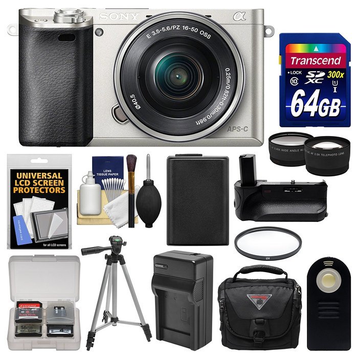 Sony Alpha A6000 Wi-Fi Digital Camera & 16-50mm Lens (Silver) with 64GB Card + Case + Battery & Charger + Grip...
